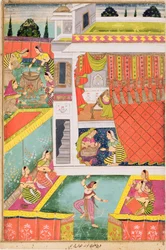 Miniaturemaleri, der fejrer fødslen af et barn, muligvis Aurangabad, Deccan (ugennemsigtige mineralfarver på brunpapir)