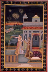 Miniaturemaleri af dame, der fejrer Diwali-festivalen, Indien (akvarel på papir)