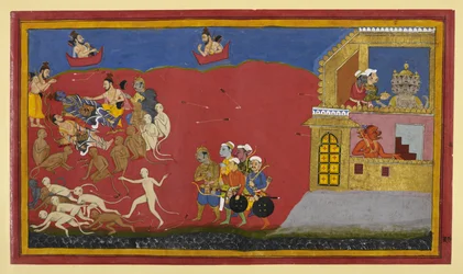 Aberne forveksler Vibhīṣaṇa med Indrajit; Nārada roser Nārāyaṇa, mens Rāvaṇa spiser.