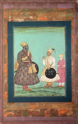 Murtaza Nizam Shah med en sort vesir, muligvis Malik Ambar, og en yngre mand, ca. 1680