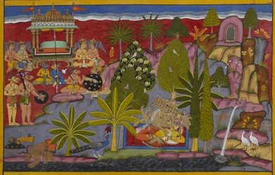 På Kailasa-bjerget overfalder Rāvaṇa Rambha på trods af hendes bønner.