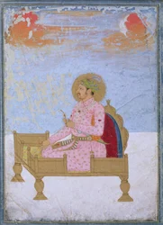 Portræt af kejser Jahangir (1569-1627) siddende på en trone med en sarapesh, Mughal, ca. 1720-40
