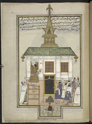 Prædikant og tilbedere ved træmoskeen Shah Hamadan, Srinagar, oprindeligt Mahakali Bhagwatis helligdom,  86 tegninger indbundet i et bind, der viser håndværk og erhverv i Kashmir, håndværkere vises i arbejde med deres redskaber og udstyr