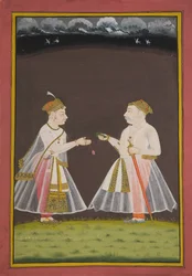 Sandsynligvis et portræt af Rana Raj Singh fra Udaipur (1661-81), der tilbyder pan til en adelsmand, 1820