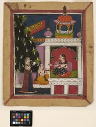 ? Raga: En knælende mand tilbyder en bog til en dame i en pavillon, ca. 1800 (ugennemsigtig akvarel på papir)
