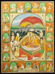Rama og Sita Enthroned, tilbedt af Shiva, Hanuman og andre, 1800-20