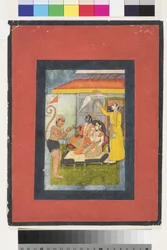 Rama og Sita troner, tilbedt af Hanuman; Lakshmana har en morchal, ca. 1780 (ugennemsigtigt wc & guld på papir)