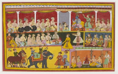 Rama lytter til Lava og Kusha, der synger Ramayana, sammen med aberne og Vibhishana.