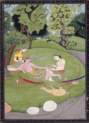 Rama læner sig tilbage mod Sita, mens hans bror Laksman trækker en torn fra sin fod, 1845 (gouache, blæk og guld på papir)
