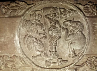Relief, der skildrer Mayas drøm, fra en buddhistisk stupa fra Bharhut, Madhya Pradesh, Sen Mauryan Periode, Sunga-dynastiet (180-72 f.Kr.)