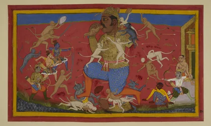 Rāma og Lakṣmaṇa sårer Kumbhakarṇa som dæmoner, der trækker sig tilbage.