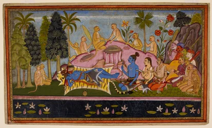 Rāma, i sit tigerskind, bruger tre dage på at bønfalde havet, men det reagerer ikke. c1653 (miniature)