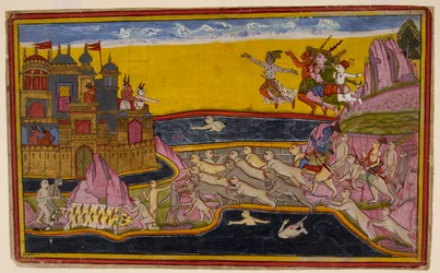 Rāma bygger med hjælp fra aben Nala en bro over havet til Laṅkā, så aberne og dæmonerne kan komme over, ca. 1653 (miniature).