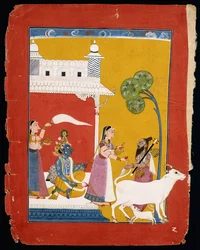 Rukmini tilbyder vand til vismanden Narada, mens hendes ægtefælle Krishna sidder i hendes hus, ca. 1725-1730