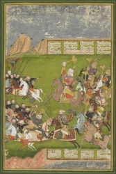 Rustam besejrer Afrasiyab, fra et Shahnama, Mughal-dynasti (ugennemsigtigt wc og guld på papir)