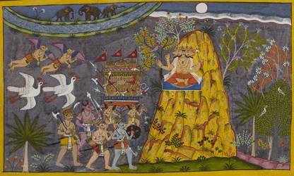 Rāvaṇa stiger op til månen, men Brahmā griber ind og opfordrer ham til at vende tilbage.