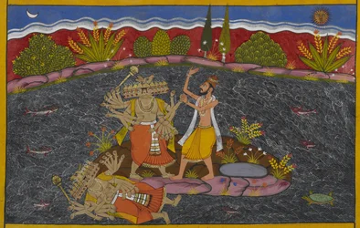 Rāvaṇa kæmper mod mahāpuruṣa, vismanden Kapila, som besejrer ham.