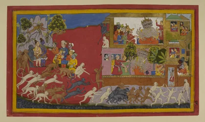 Rāvaṇa bedrager Sītā med et falsk hoved; aberne spejder efter Laṅkā