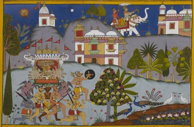 Rāvaṇa marcherer til Devaloka, mens Indra bevæger sig for at samle guderne og søge Viṣṇus hjælp