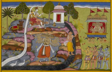 Rāvaṇa kører på Puṣpaka-vognen, løfter og ryster derefter Kailāsa-bjerget for at udfordre Śiva.