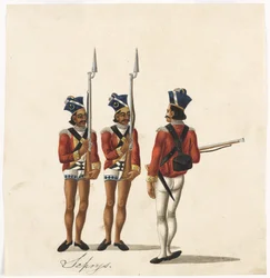 Sepoys og en indisk officer, Bengal Army, ca. 1815 (akvarel på papir)