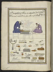 Skomager og hans kone laver en tøffel,  86 tegninger indbundet i et bind, der viser håndværk og erhverv i Kashmir, håndværkere vises i arbejde med deres redskaber og udstyr,  Af en Kashmir-kunstner, sandsynligvis i Srinagar, ca. 1850-60 (gouache på pap