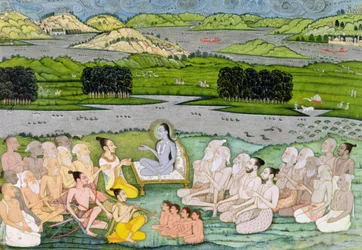 Shri Sukdevji prædiker for en forsamling af Sadhus, Rajasthan, ca. 1757