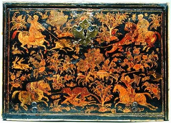 Side af et skriveskab forestillende adelsmænd på jagt, 1600-tallet (lakeret træ)