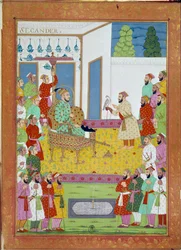 Sultan Iskander med retten i Shah Alem. Miniature fra en rejsehistorie af Niccolo Manucci (1638 - 1717), venetiansk opdagelsesrejsende. Indien