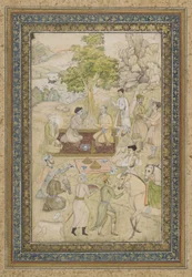 Sultan Murad og Sultan Daniyal på picnic, løsrevet albumfolio med maleri, ca. 1900