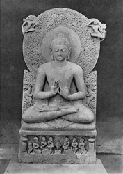 Undervisning i Buddha (Dharmacakra mudrā) (sandsten)