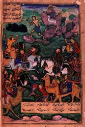 The Battle of Clans, folio 15b fra digtet Layla og Majnun, skrevet af Amir Khusrau Dihlavi (1253-1325) baseret på historien fra Khamsa (kvintetten) af Nizami, Mughal, 1600