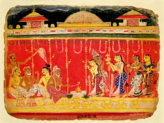 Krishnas forældres ægteskab, fra et spredt manuskript af Bhagavata Purana fra Mewar, Rajasthan, ca. 1520-50 (ugennemsigtigt wc på papir)