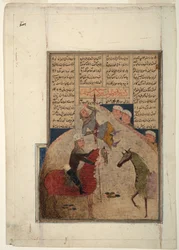 To ryttere, den ene spiddet på et spyd, ca. 1450 (ugennemsigtig akvarel på papir)