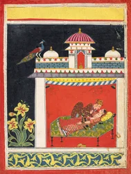 To elskende i en pavillon, fra en "Amarushataka" (Hundrede digte af Amaru), eller en uidentificeret erotisk serie, ca. 1680 (ugennemsigtig akvarel og guld på papir)