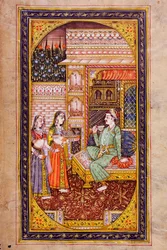 To tjenestepiger serverer en forfriskning til en ædel mand i et rigt dekoreret rum, Rajasthani miniaturemaleri