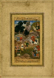 En ung fange bliver bragt for en prins på hesteryg - Fangeung ungdom bliver bragt for en ridende prins - indisk kunst - ca. 1605 - Gouache på papir - 35,3x24,4 - Privat samling