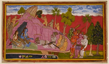 Vibhīṣaṇa forlader Rāvaṇa og slutter sig sammen med sine tilhængere til Rāma og bøjer sig for ham. 1653 (miniature)