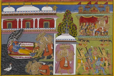 Viṣṇu hviler med Lakshmi, da Rāvaṇa falder, og bortfører derefter kvinder i sin vogn