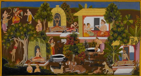 Viśvāmitra opdager vismanden Vasiṣṭhas eremitage.
