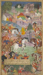 Vol.1 fol.20 Dasaratha drager ud mod Angada for at invitere Rsyasrnga til sin bolig (ugennemsigtigt wc, blæk og guld på papir)