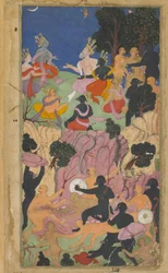 Vol.2 fol.194 Rama konfererer med Vanara-høvdingene på Suvela-bjerget (ugennemsigtig akvarel, blæk og guld på papir)