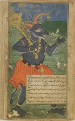 Vol.2 fol.218 Kumbhakarna reagerer på Dvividas angreb (ugennemsigtig akvarel, blæk og guld på papir)