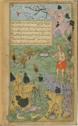 Vol.2 fol.234 På Jambavans opfordring tager Hanuman til Himalaya for at finde de fire helbredende planter (ugennemsigtig akvarel, blæk og guld på papir)