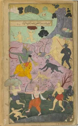 Vol.2 fol.237 Rama og Laksmana slutter sig til angrebet på Lanka (ugennemsigtig akvarel, blæk og guld på papir)