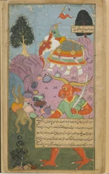 Vol.2 fol.315 Indra opretholder den himmelske orden ved at slå den tidlige Hanuman ned (ugennemsigtig akvarel, blæk og guld på papir)
