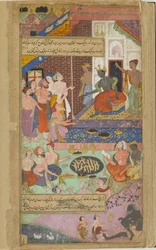 Vol.2 fol.339 Valmiki instruerer Kusa og Lava i recitationen af Ramayana før anledning af et offer i Ramas palads (ugennemsigtig akvarel, blæk og guld på papir)