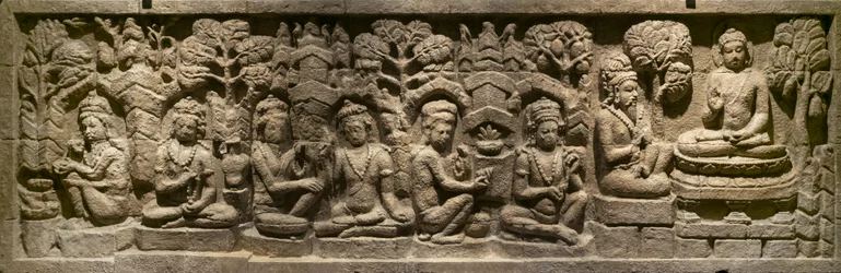 Arada Kalama leverer sin undervisning til den fremtidige Buddha. Indonesien, Java, Boroduru. Slutningen af det 19. århundrede