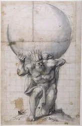 Atlas: bagudløser eller aflastningsscene (pen og blæk på papir)