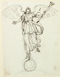 Berømmelse, foreløbig skitse, ca. 1631 (pen & blæk på papir)